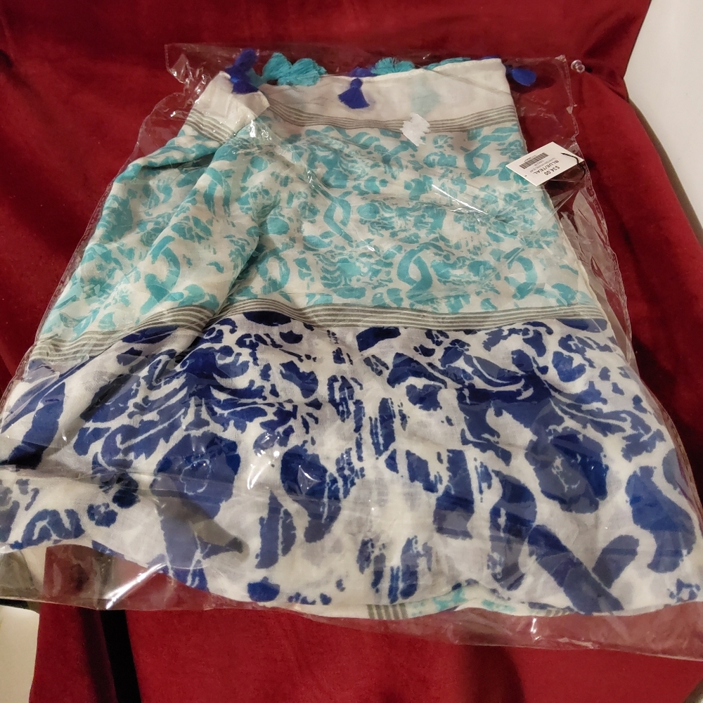 OA Blue and Teal Patterned Scarf With Tassels